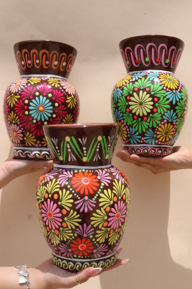Guerrero Flower Vase (Large) – Brown Base | Hand-Painted in Guerrero, Mexico