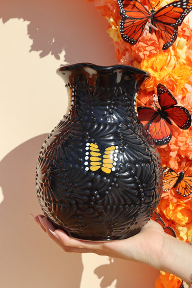 Puebla Talavera Pitcher (Black & Monarch Butterflies)